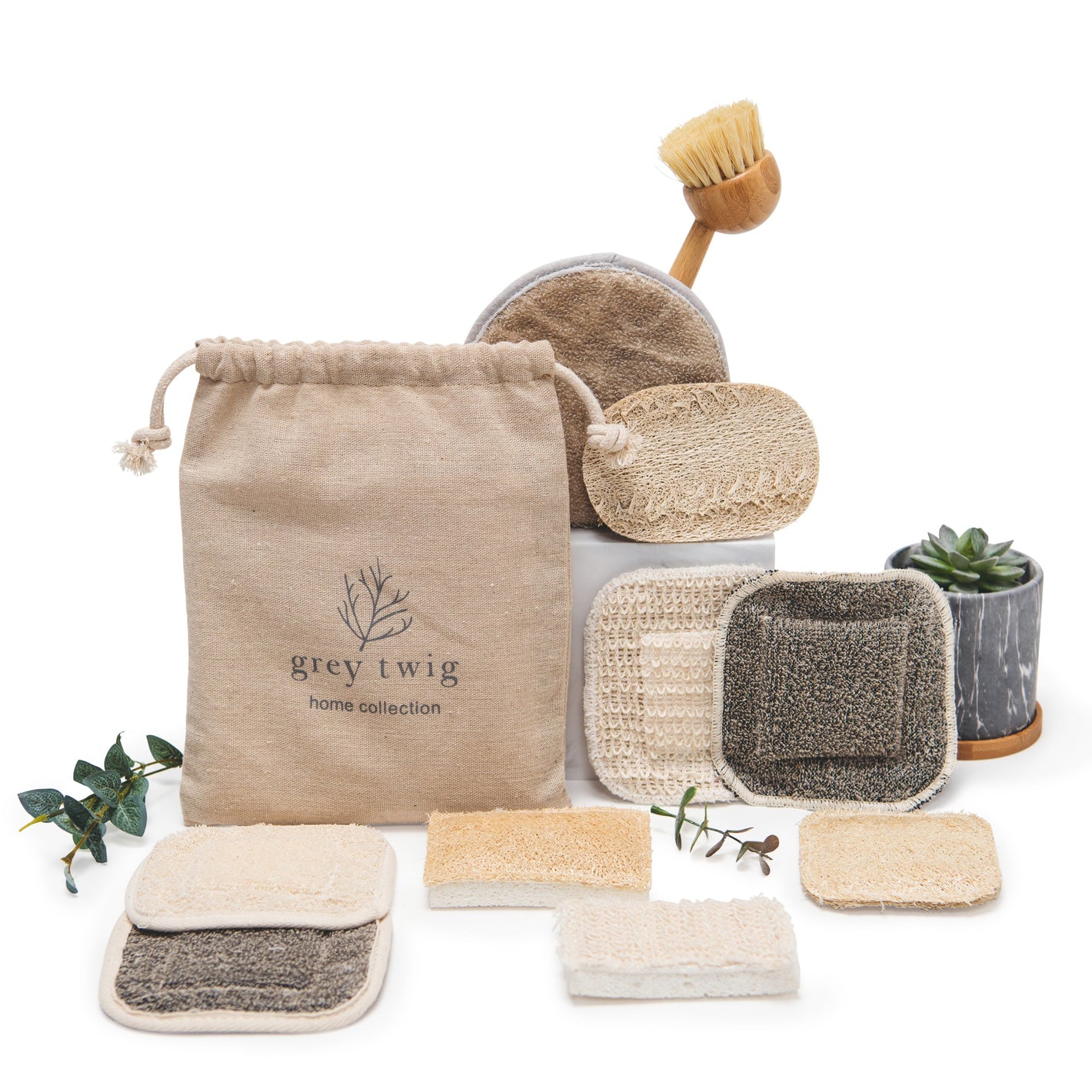 Bamboo and hemp cleaning sponges, loofahs and brush with hemp drawstring bag