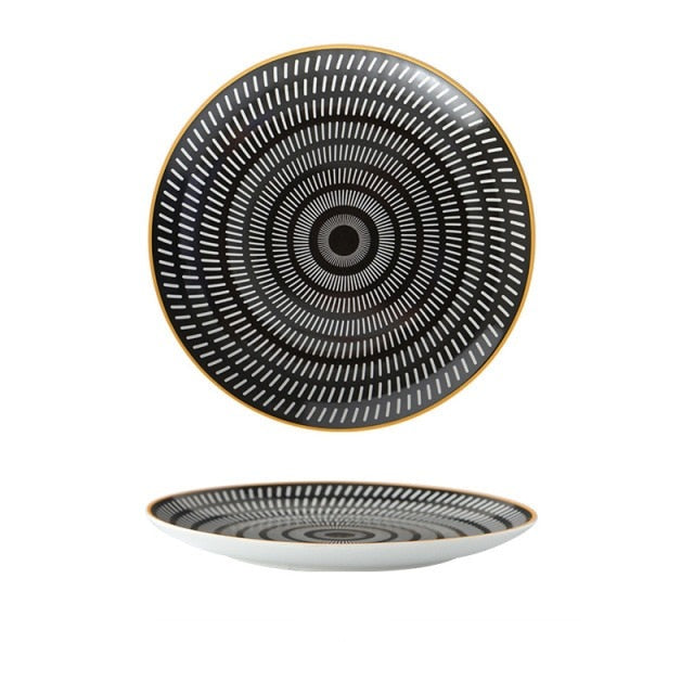 Black and white patterned plate with yellow edge