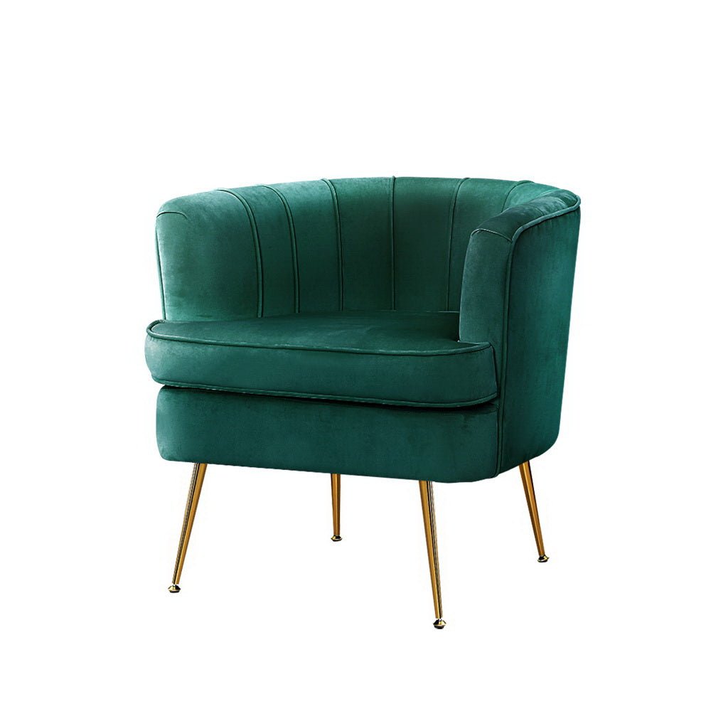 Green velvet vintage-inspired tub chair with golden legs