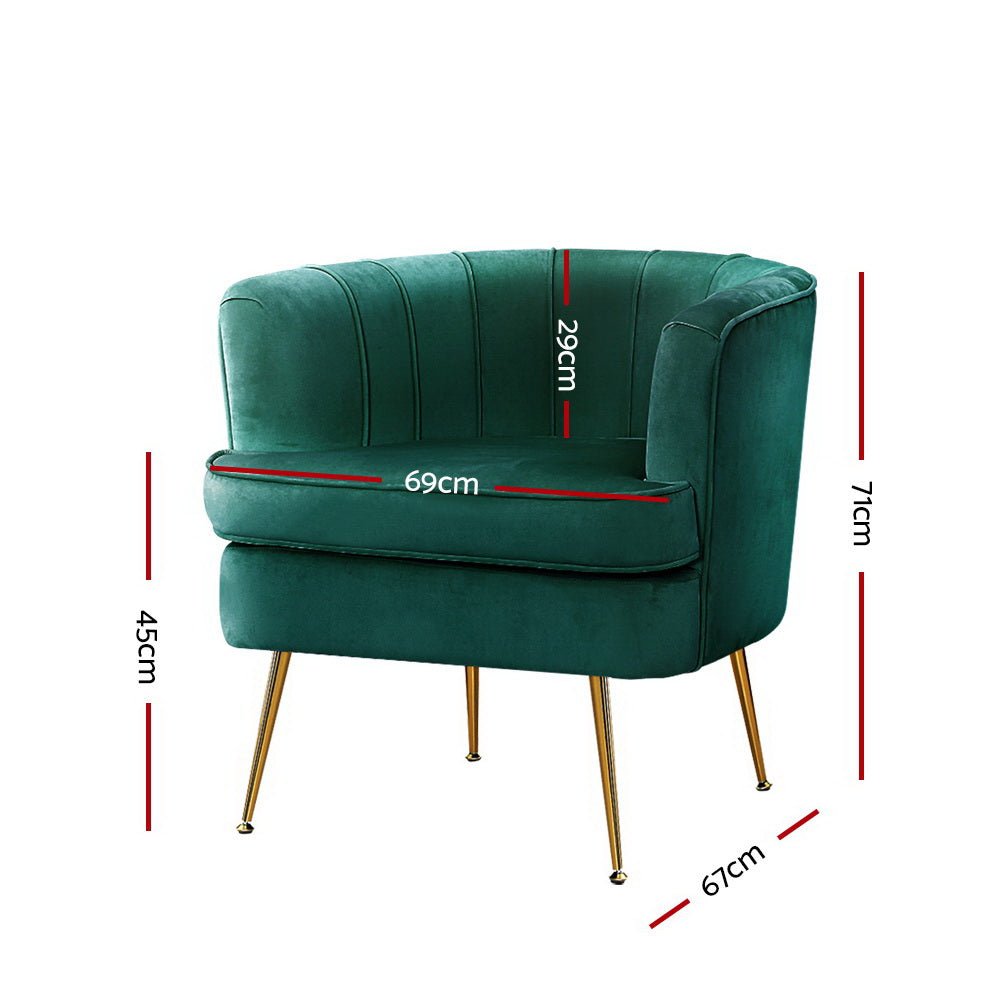 Green velvet vintage-inspired tub chair with golden legs with dimensions