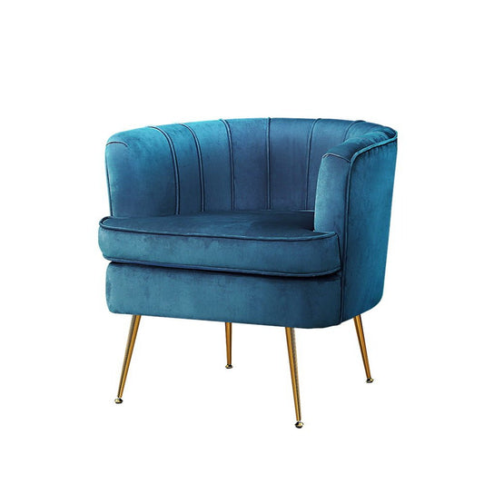 Blue vintage inspired velvet armchair with metal legs