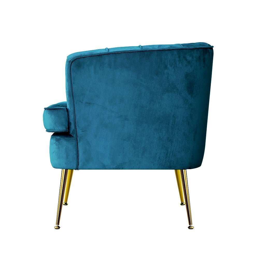 Blue vintage inspired velvet armchair with metal legs