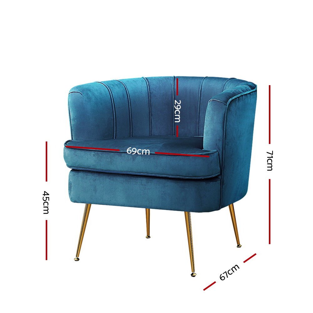 Blue vintage inspired velvet armchair with metal legs with dimensions