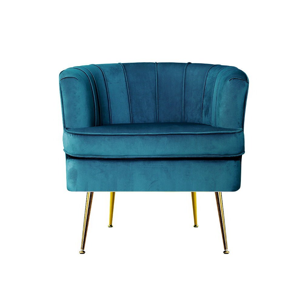 Blue vintage inspired velvet armchair with metal legs