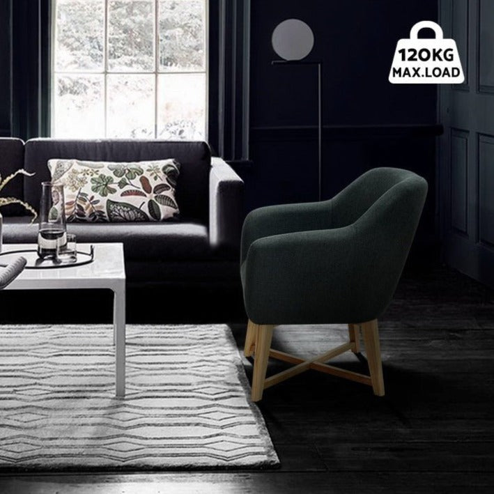 Charcoal linen-look upholstered tub armchair timber legs