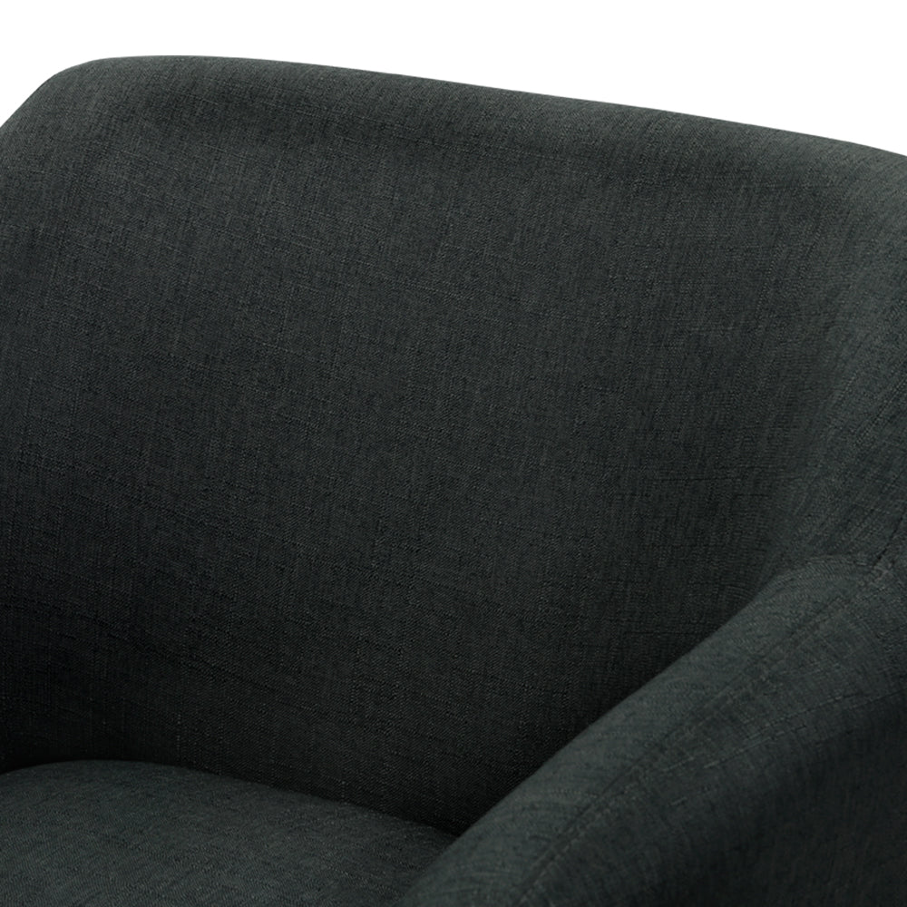 Close up of fabric on charcoal linen-look upholstered tub armchair timber legs