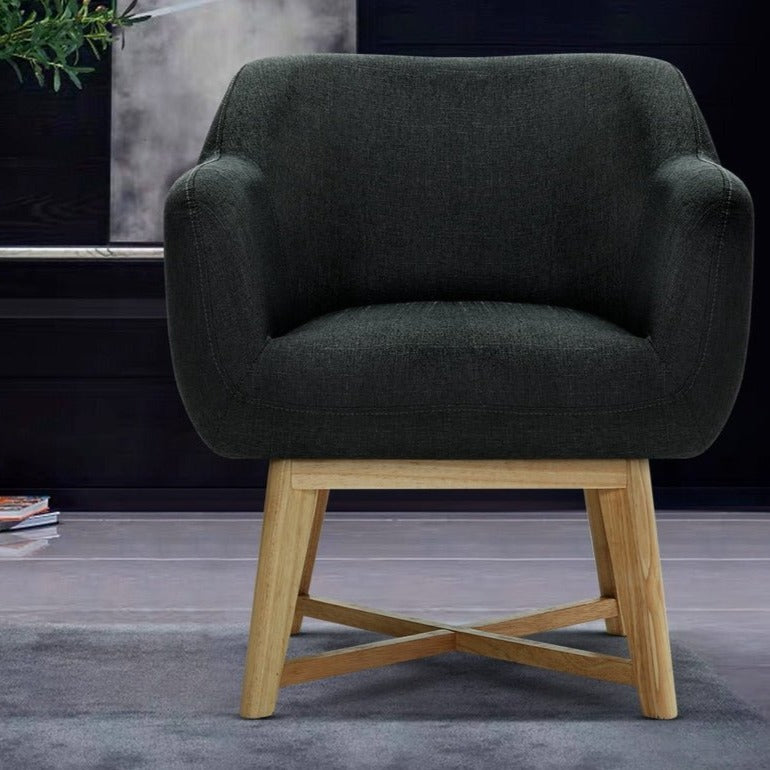 Charcoal linen-look upholstered tub armchair timber legs