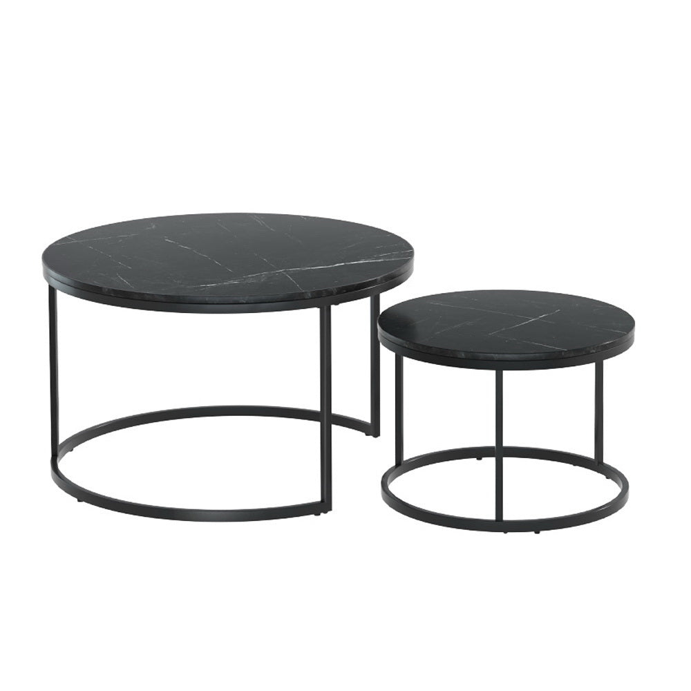 Nesting Coffee Tables Set of 2 Marble-effect Top 80/60CM Black-1