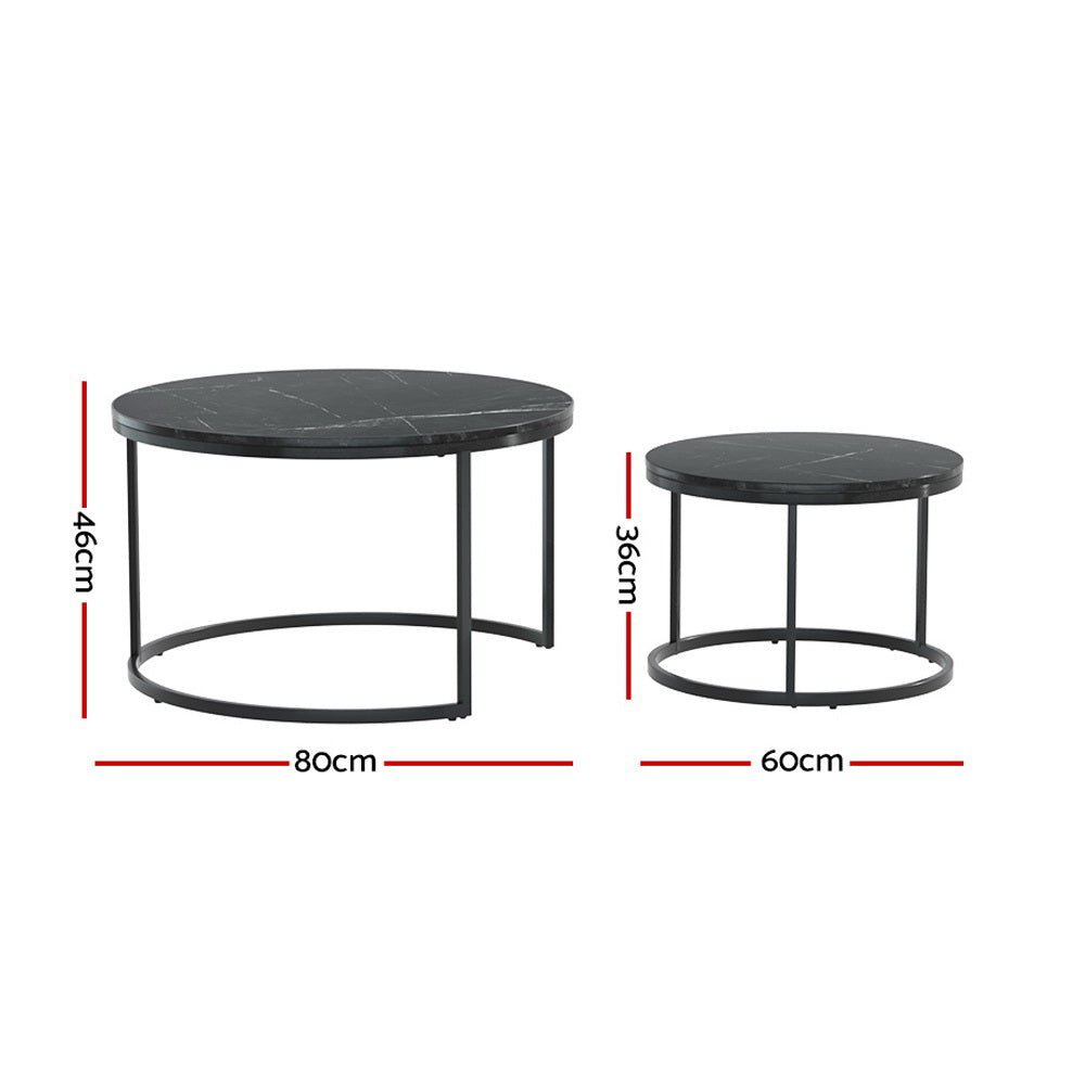 Nesting Coffee Tables Set of 2 Marble-effect Top 80/60CM Black-2