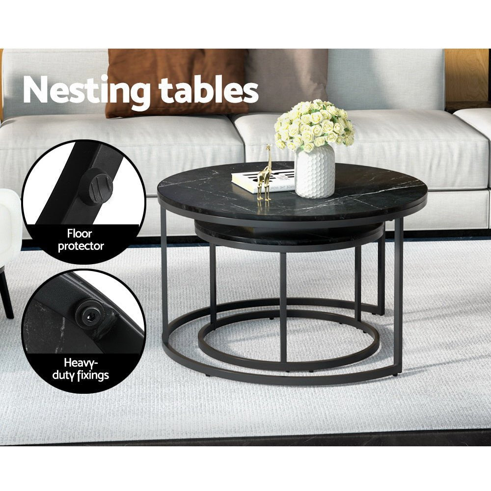 Nesting Coffee Tables Set of 2 Marble-effect Top 80/60CM Black-4