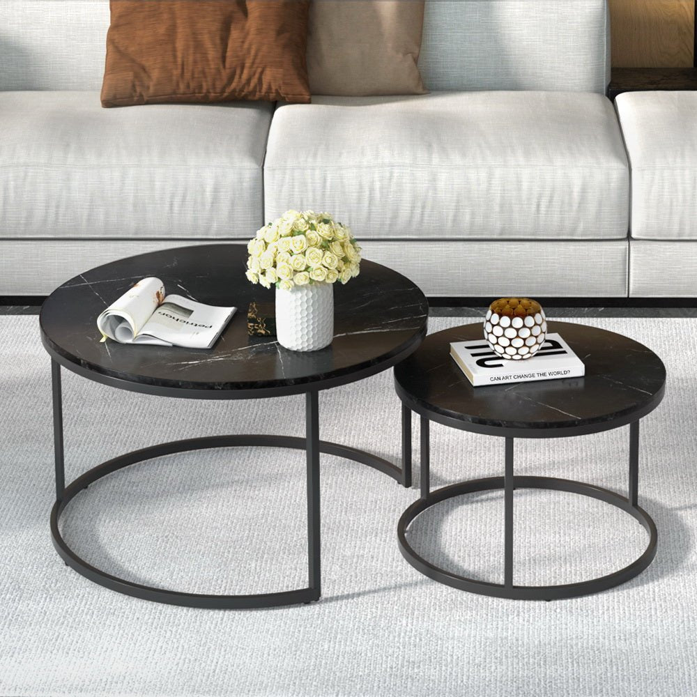 Nesting Coffee Tables Set of 2 Marble-effect Top 80/60CM Black-0