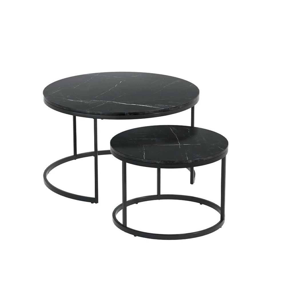 Nesting Coffee Tables Set of 2 Marble-effect Top 80/60CM Black-3