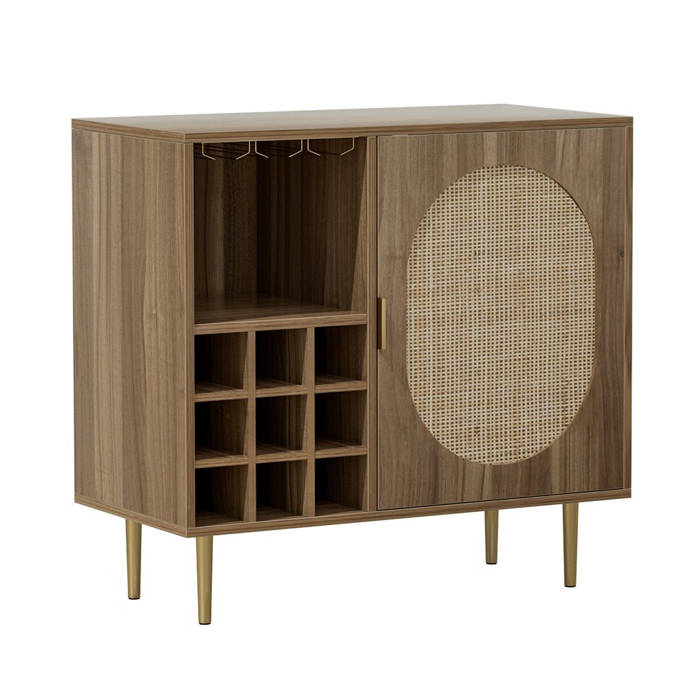 Rattan Buffet Sideboard Storage With Wine Rack Dark Oak-1