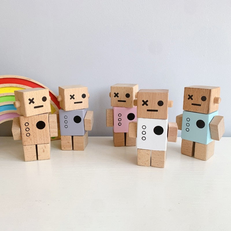 Wooden and painted robots natural grey pink white and light blue with rainbow