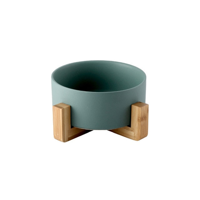 Green ceramic pet bowl bamboo stand