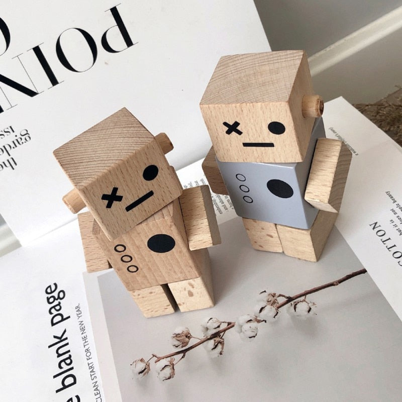 Wooden robots natural and grey painted top angle view