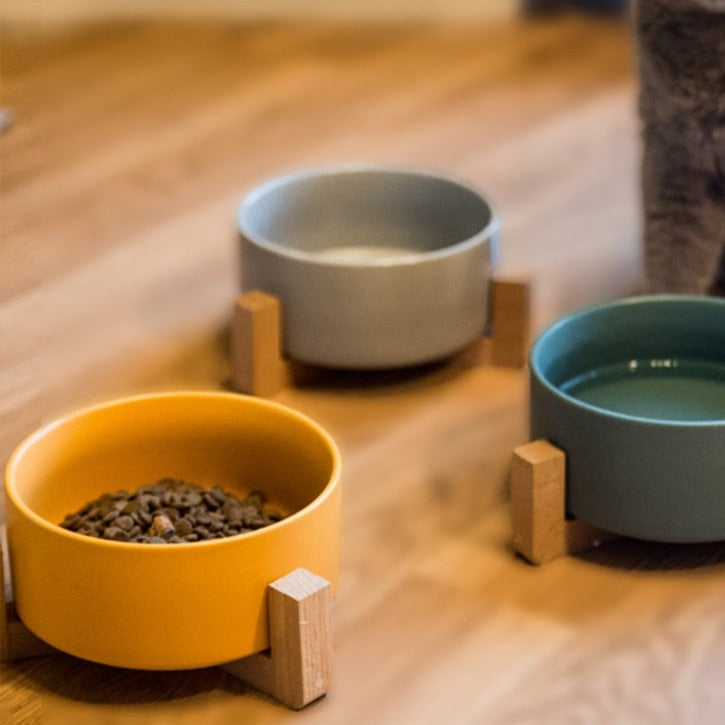 Yellow grey green ceramic pet bowls bamboo stands