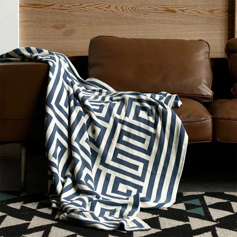 Blue cream geometric throw rug