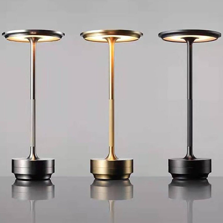 Disk top touch lamps in silver, gold and black