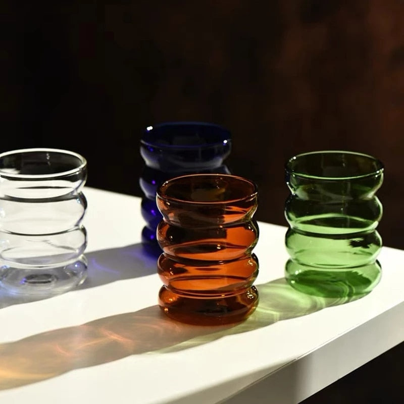 Clear blue amber green wave shaped drinking glasses