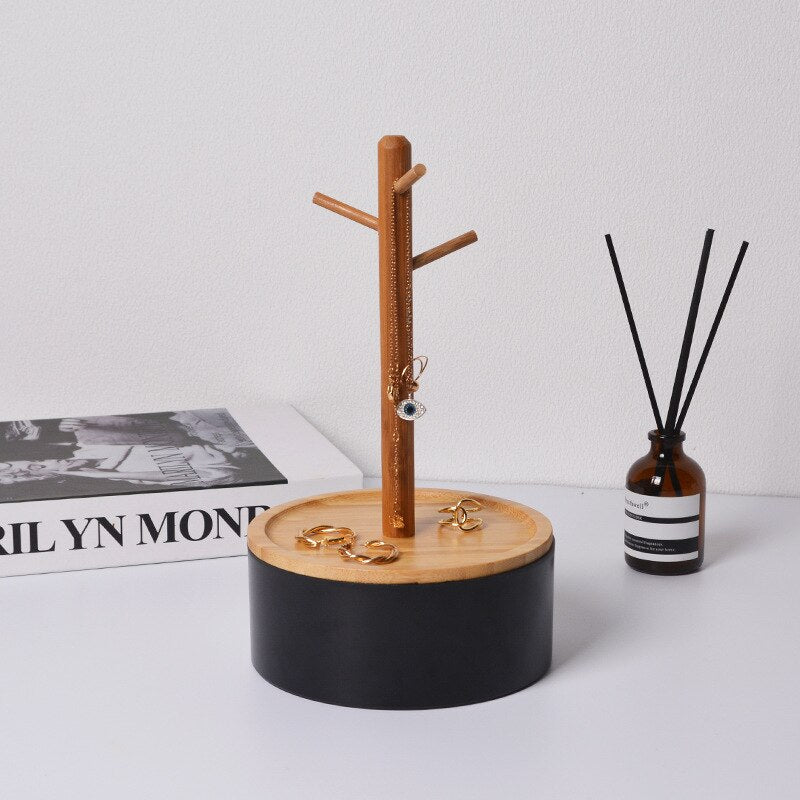 Wood bamboo jewellery tree black base container