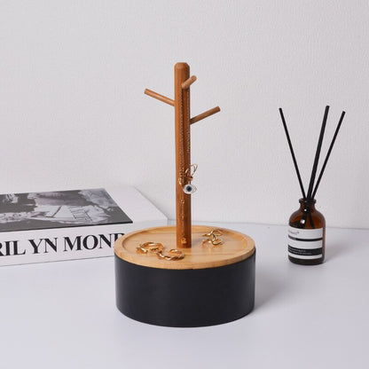 Wood bamboo jewellery tree black base container