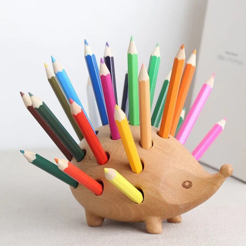 Timber pen holder hedgehog with pencils