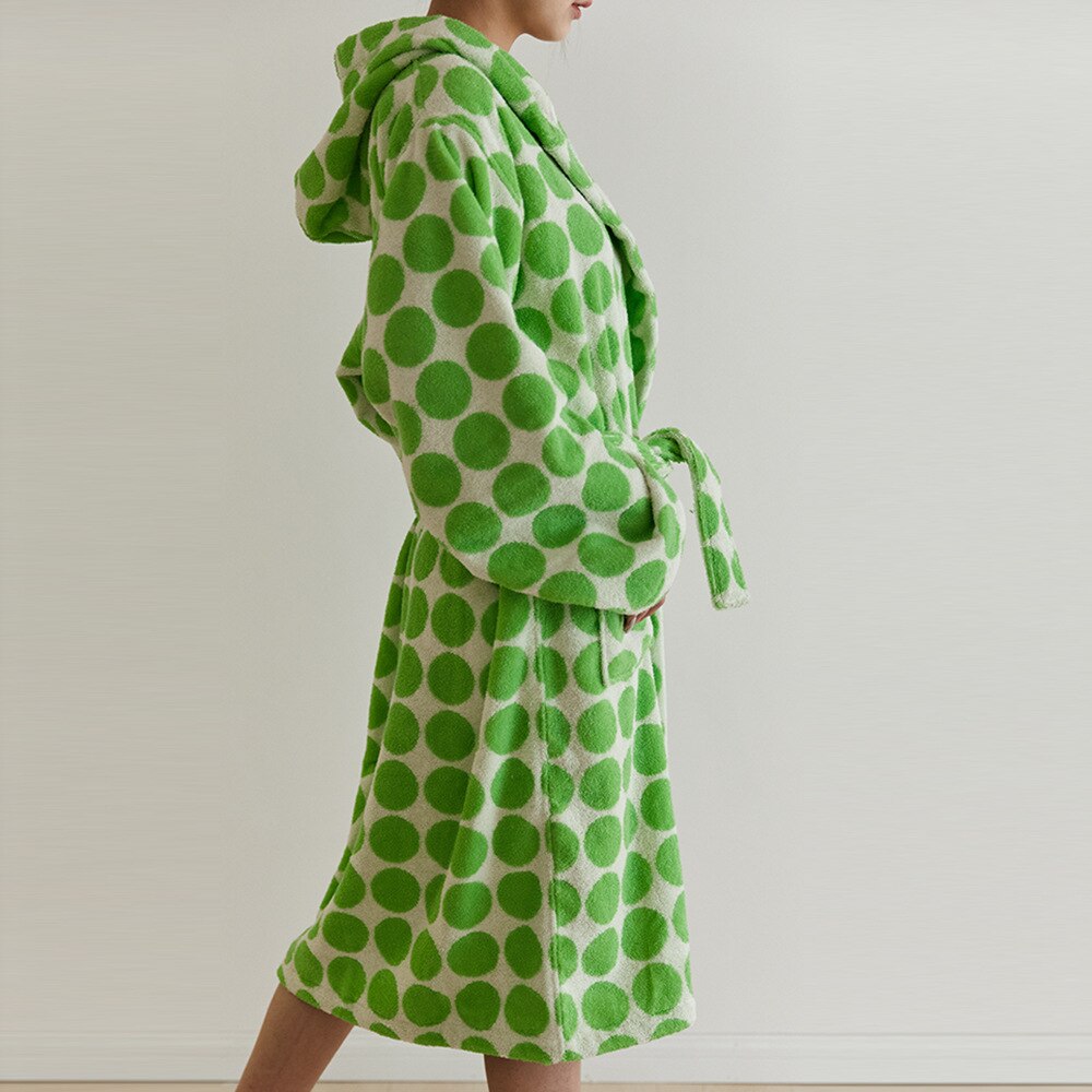 Hooded bath robe dressing gown with large green dots