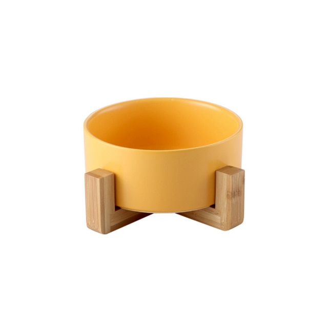 Yellow ceramic pet bowl bamboo stand