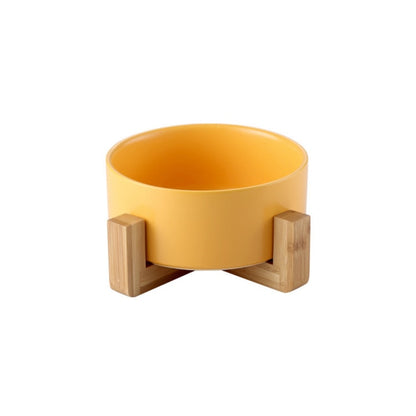 Yellow ceramic pet bowl bamboo stand