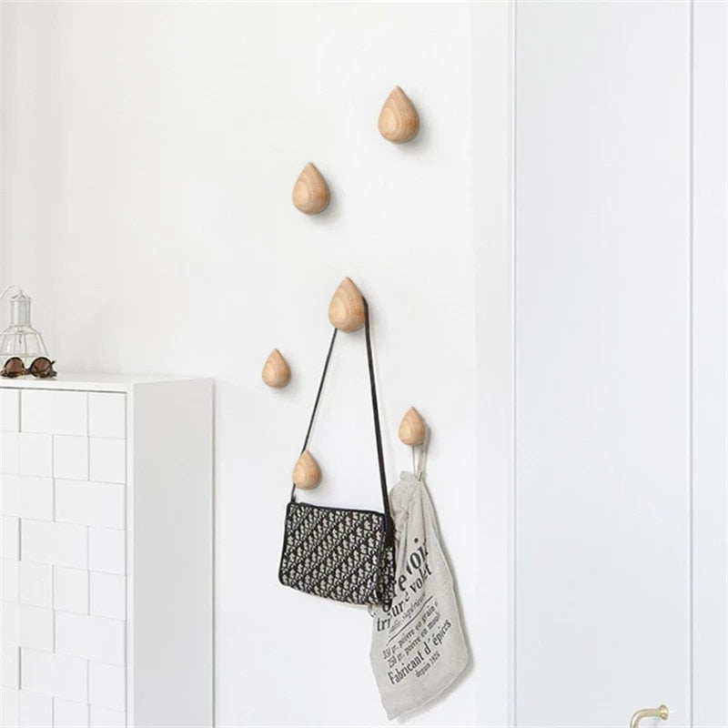 Timber wood raindrop wall hooks with bags