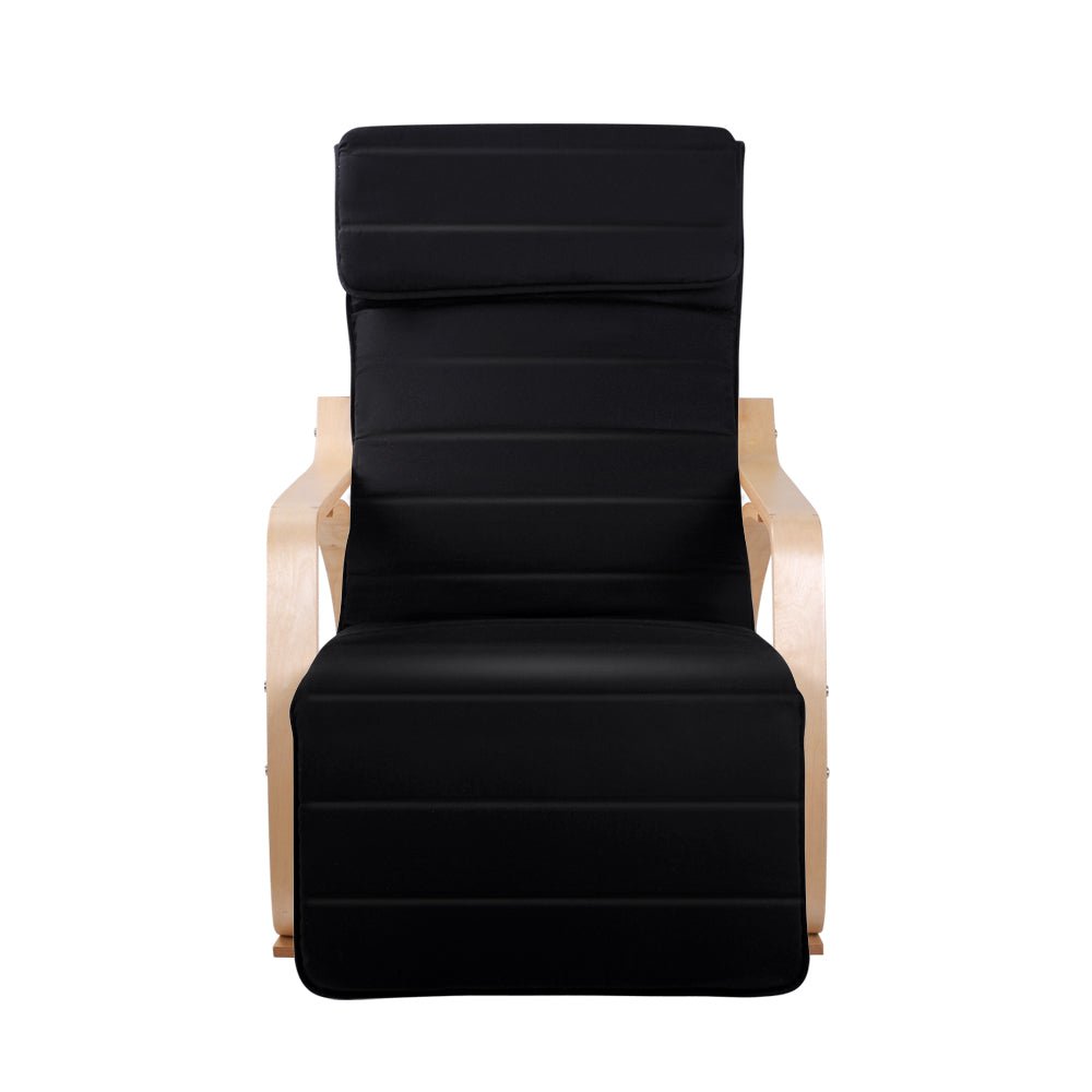 Black and birch plywood rocker recliner armchair with footrest