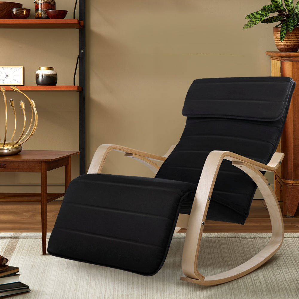 Black and birch plywood rocker recliner armchair with footrest