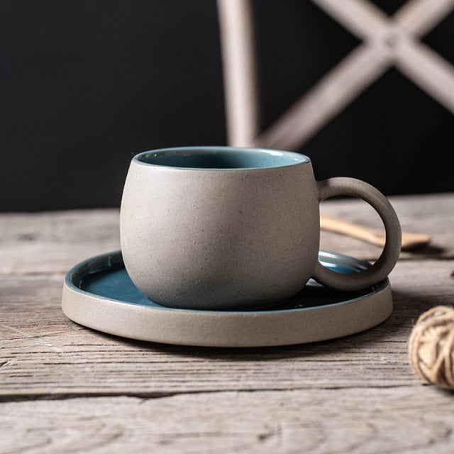 Blue rounded shape ceramic mug and plate