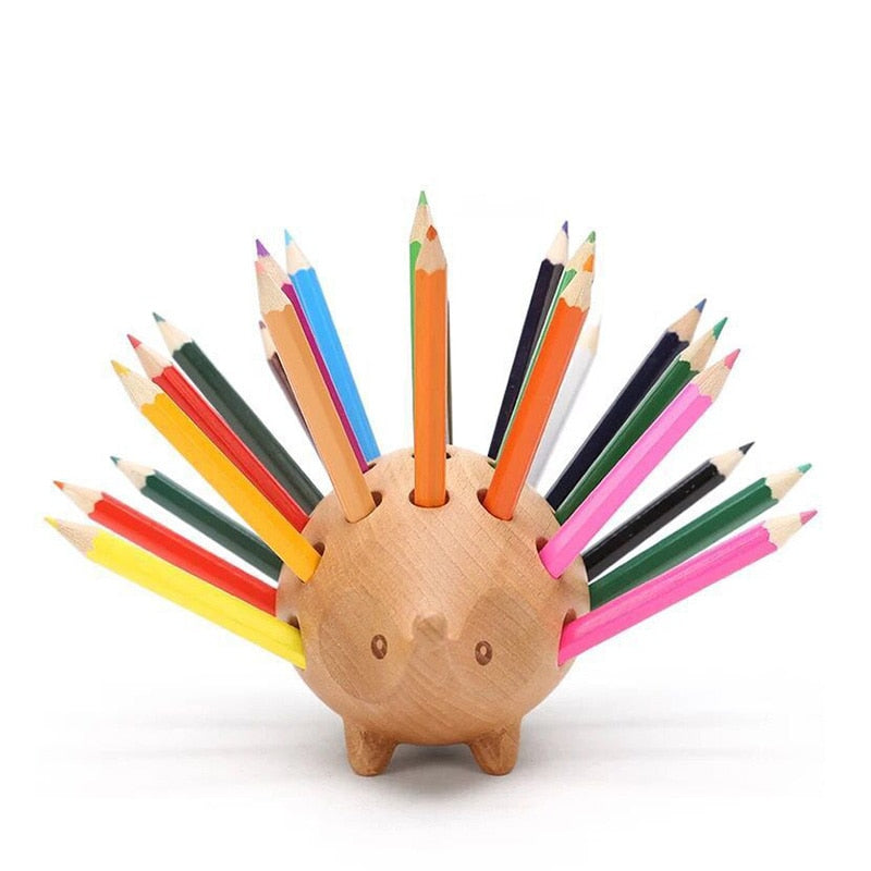 Timber hedgehog pen pencil holder with pencils