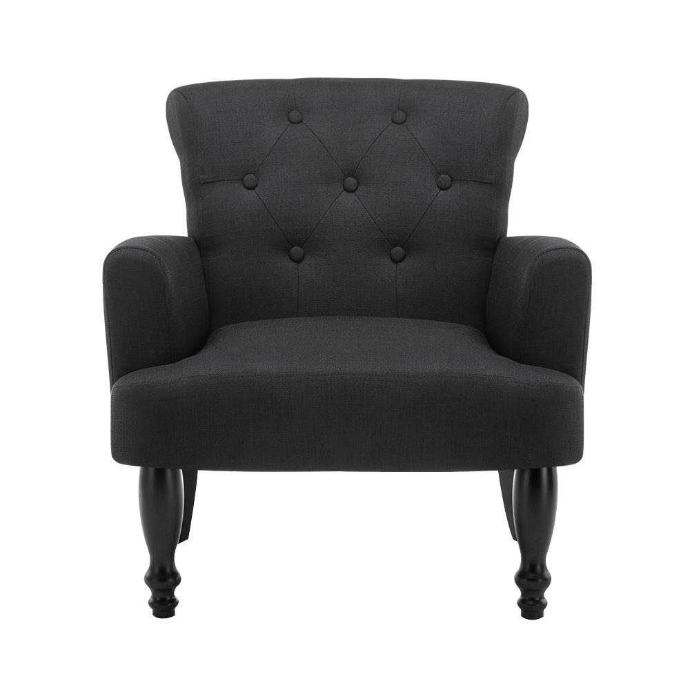 Classic vintage-inspired chair with dark black upholstery and legs