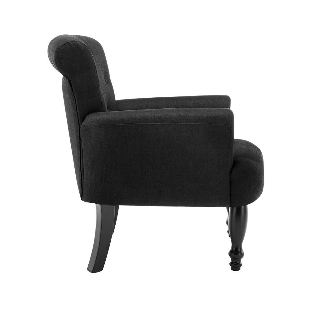 Classic vintage-inspired chair with dark black upholstery and legs