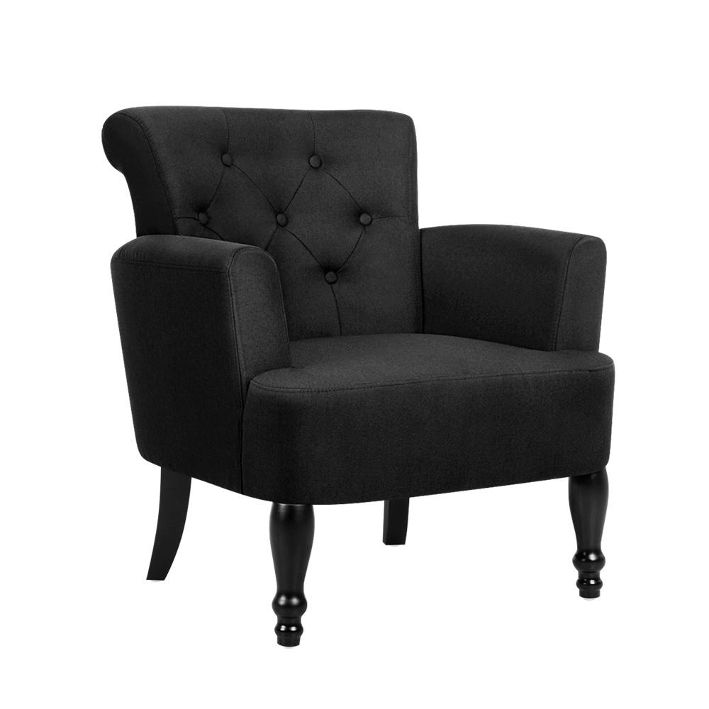 Classic vintage-inspired chair with dark black upholstery and legs