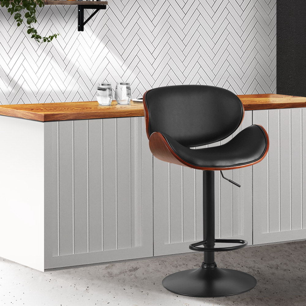 Black and timber swivel adjustable bar stool on black powder coated base