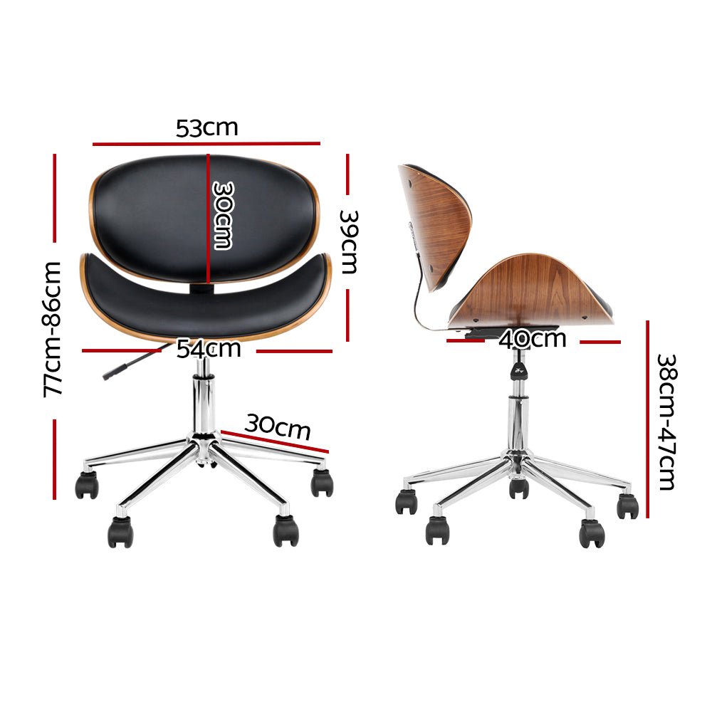 Black and timber office beetle chair with castor wheels with dimensions