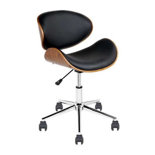 Black and timber office beetle chair with castor wheels