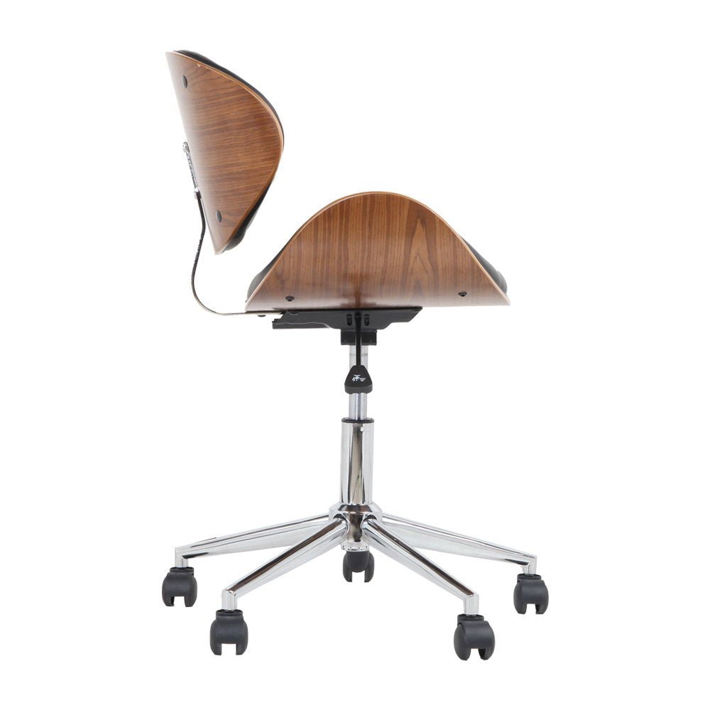 Black and timber office beetle chair with castor wheels