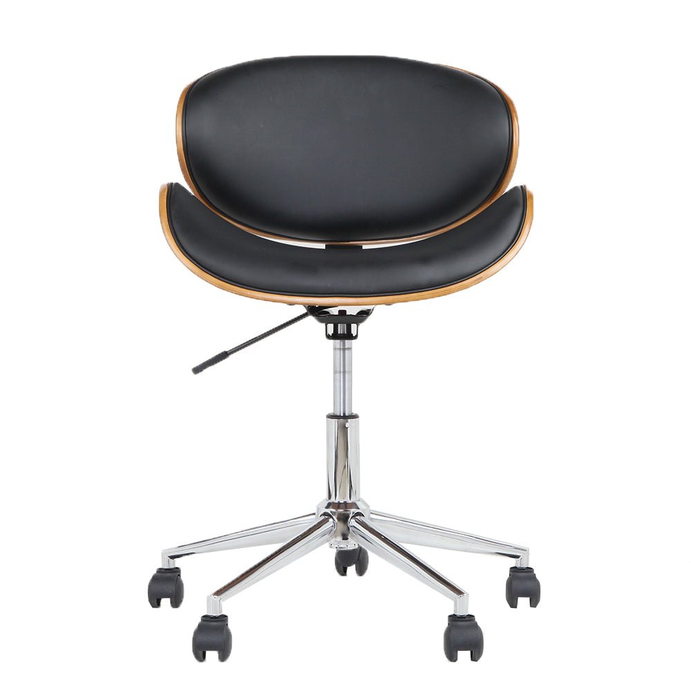 Black and timber office beetle chair with castor wheels