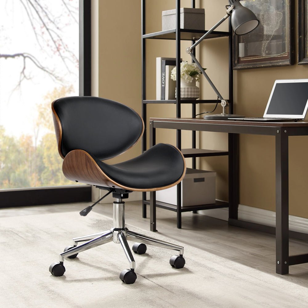 Black and timber office beetle chair with castor wheels in office