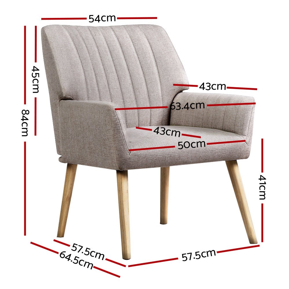 Beige upholstered armchair with wooden legs with dimensions