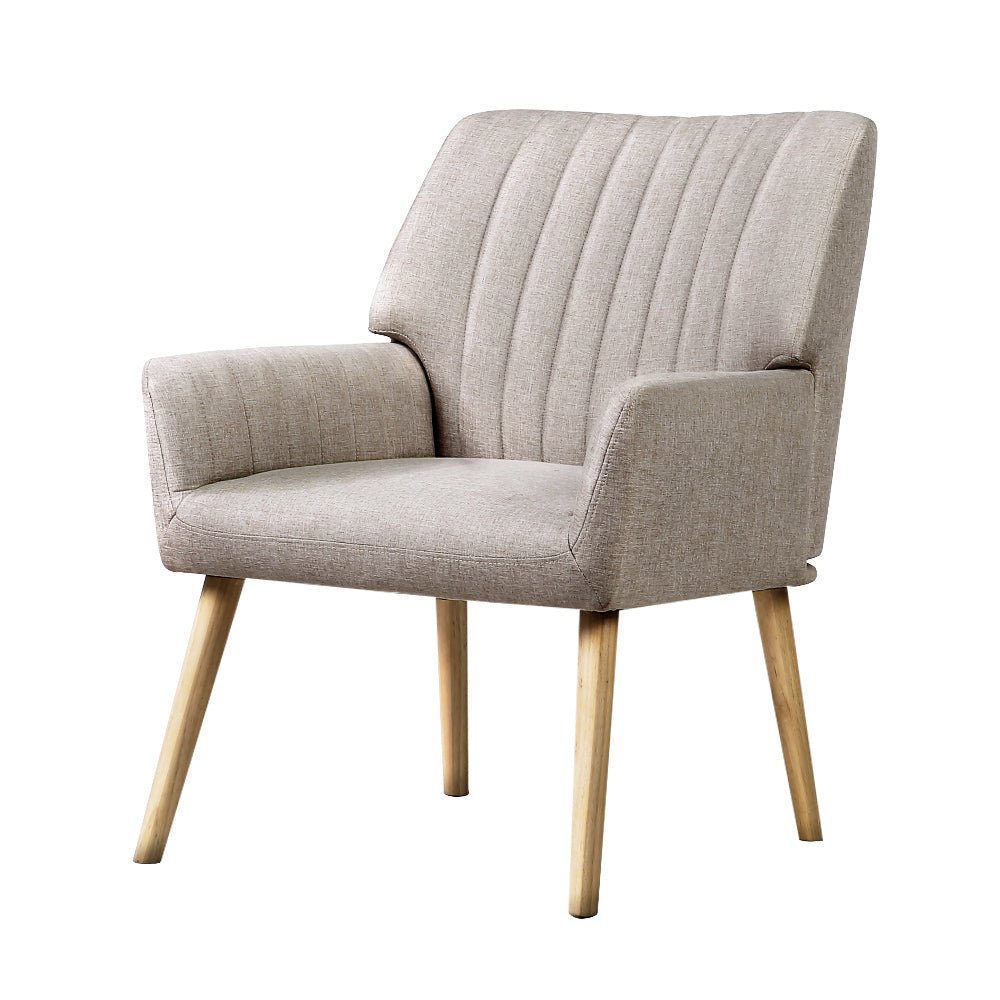 Beige upholstered armchair with wooden legs