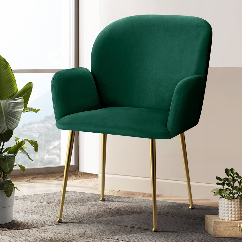 Green velvet dining chair with golden legs