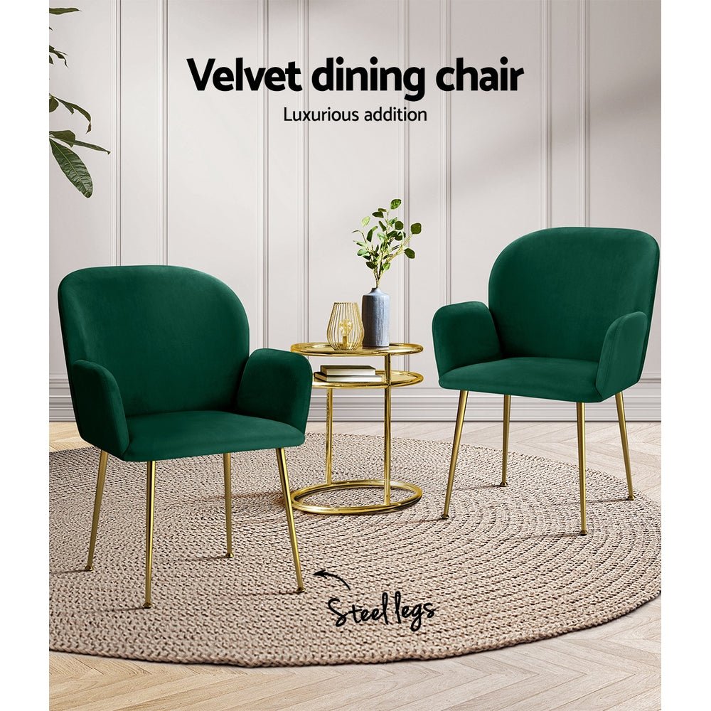 Green velvet dining chairs with golden legs