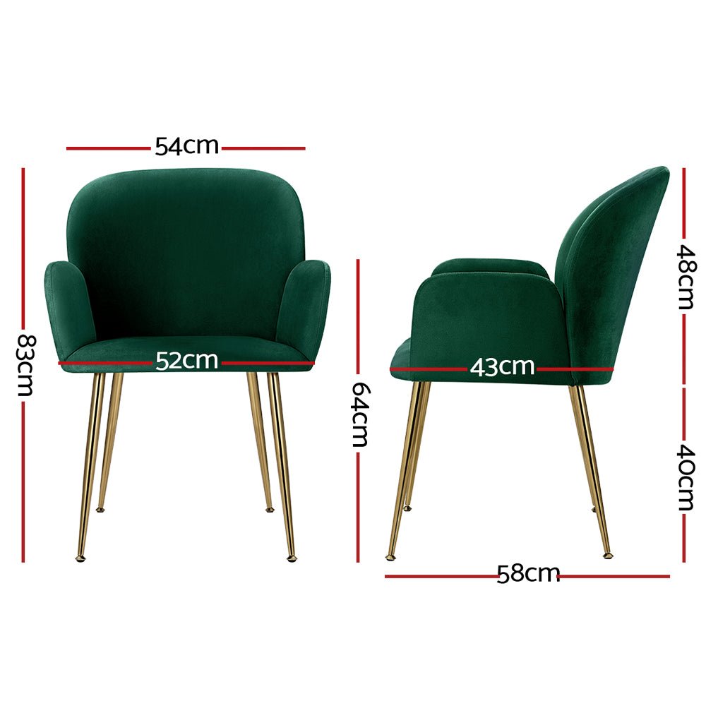 Green velvet dining chair with golden legs showing dimensions