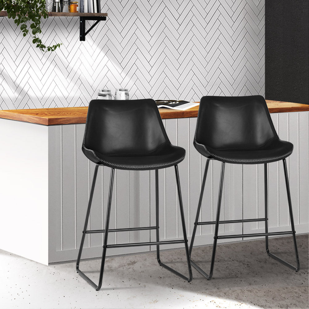 Black metal and PU leather bar stools with feature stitching